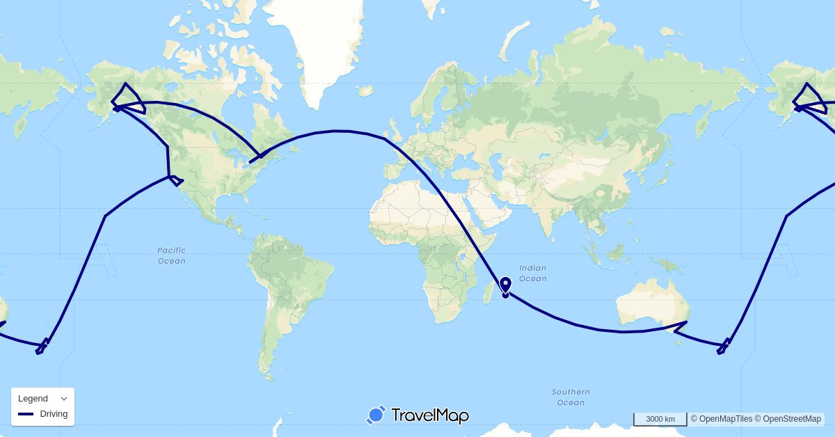 TravelMap itinerary: driving in Australia, Canada, France, Ireland, Mauritius, New Zealand, United States (Africa, Europe, North America, Oceania)